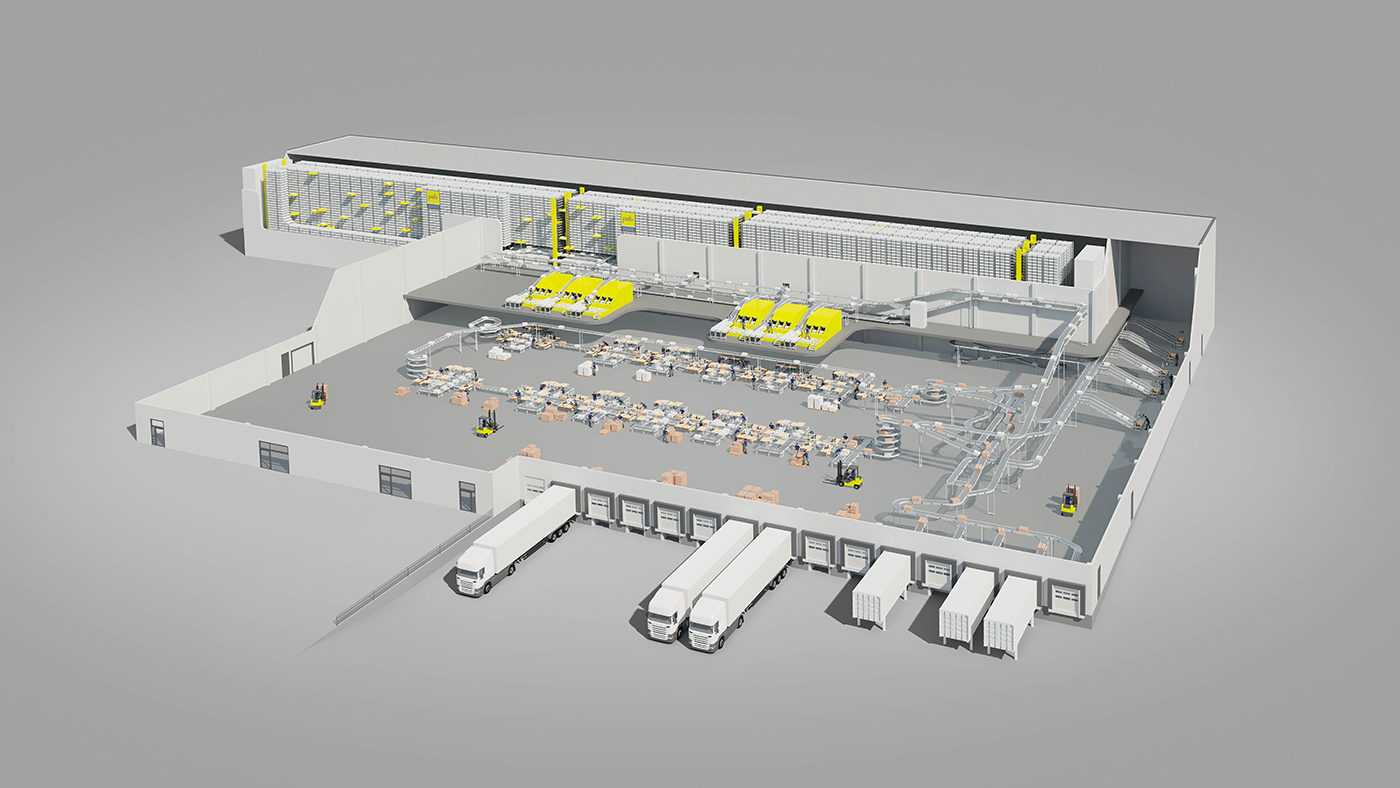 Automatisches Distributionszentrum mit Lager und Versand