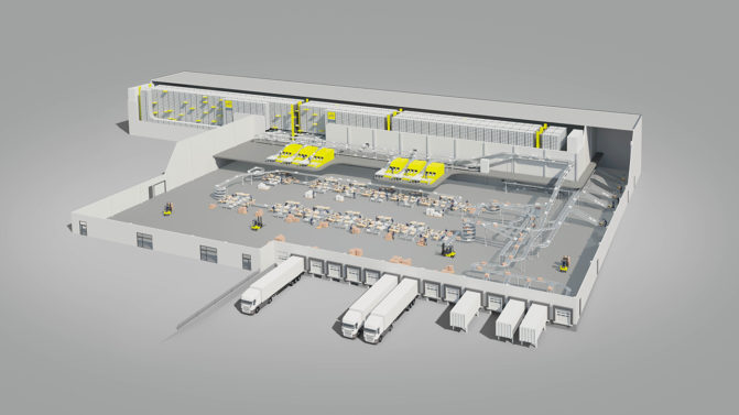 Automatisches Distributionszentrum mit Lager und Versand