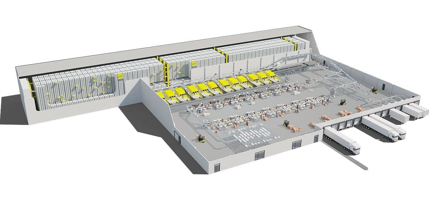 Automatisierte Lagersysteme von psb in der Schema-Ansicht.