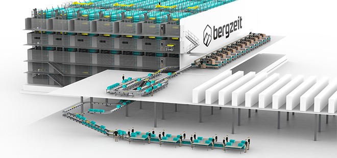 Das shuttle Lagersystem der Firma Bergzeit gebaut von psb intralogistics. Über das Multi Access Warehouse als Systemlösung wird der gesamte Onlineshop versorgt.