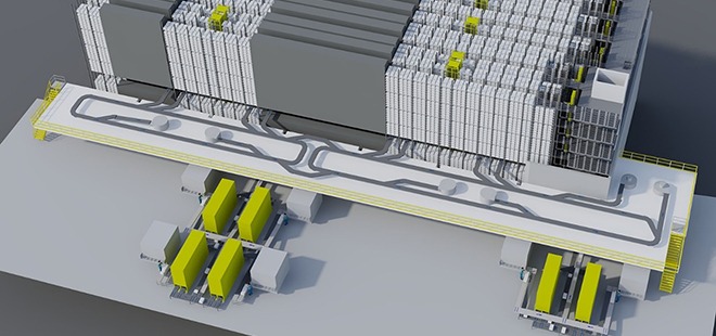 Multi Access Warehouse mit nachgeschaltetem Sequenzierlager für die Montage von Motoren bei der Firma SEW-Eurodrive.
